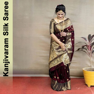 FAB WOVEN Woven Banarasi Silk Blend Saree with Unstitched Blouse(Maroon)