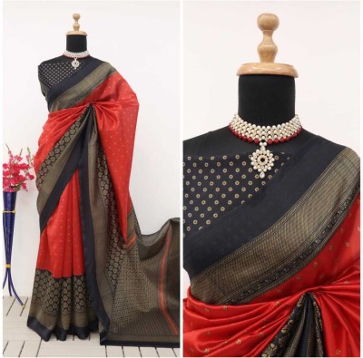 HouseOfCommon Floral Print Banarasi Art Silk Saree(Red, Black)