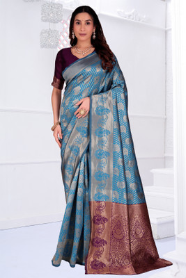 Suntex Printed Banarasi Pure Silk Saree(Light Blue)