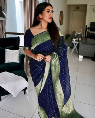 SWAMI STUDIO Woven Banarasi Jacquard Saree(Dark Blue)