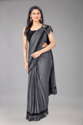 KISHVA Solid/Plain Bollywood Lycra Blend Saree(Grey)