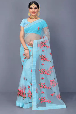 MAHADEV Embroidered Bollywood Net Saree(Light Blue)