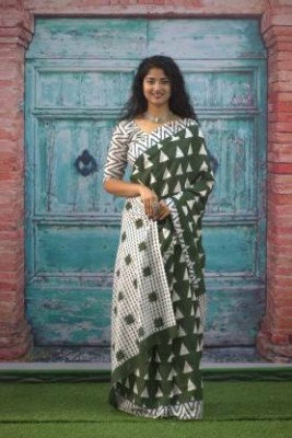 NIKHILAM Printed Ikkat Pure Cotton Saree(Green, White)