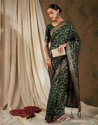 Om Creation Self Design Banarasi Polyester Saree(Dark Green)