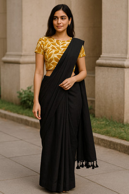 SMRITI BOUTIQUE Solid/Plain Bollywood Handloom Pure Cotton Saree(Black)