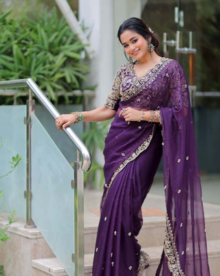 Aika Embroidered Bollywood Organza Saree(Purple)