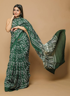 JAIPURI BLOCK PRINT Printed Daily Wear Pure Cotton Saree(Green)