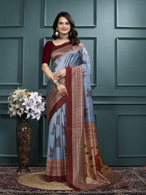 Kanooda Prints Printed Bollywood Art Silk Saree(Maroon, Grey)