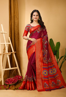 BHAGYAVATI DESIGNER Printed Bollywood Tissue Saree(Maroon, Orange)