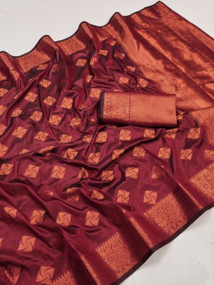 KRIYANSH Self Design, Woven, Printed, Solid/Plain, Applique Banarasi Cotton Silk, Jacquard Saree(Maroon)