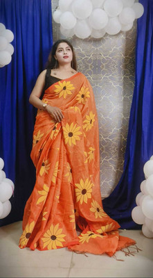 HouseOfCommon Digital Print, Solid/Plain Bollywood Handloom Cotton Silk Saree(Orange)