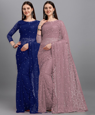 LOROFY Self Design Bollywood Net Saree(Pack of 2, Multicolor)