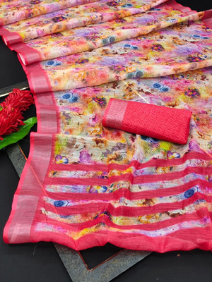 Raghav Creation Printed, Self Design Bollywood Cotton Linen Saree(Multicolor)