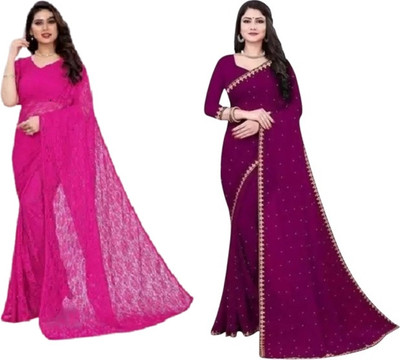 Suali Self Design Daily Wear Net Saree(Pack of 2, Magenta, Purple)