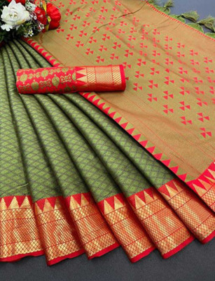 supalee tex Woven Paithani Cotton Silk Saree(Dark Green, Red)