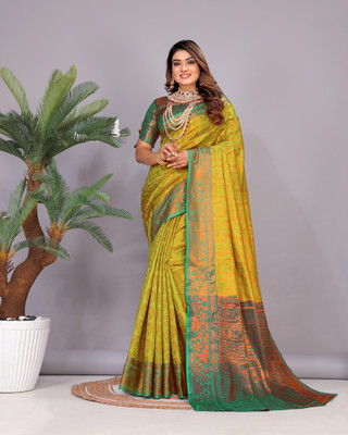 Jyanshu Creation Floral Print Kanjivaram Silk Blend Saree(Yellow)