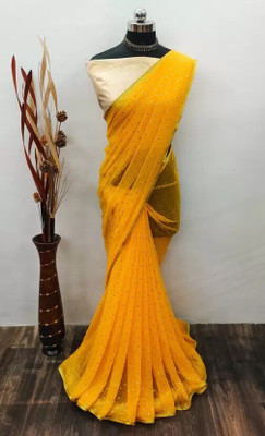 Desi Style Embellished Bollywood Net, Chiffon Saree(Yellow)