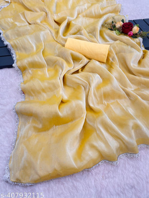 zili Self Design Bollywood Silk Blend Saree(Yellow)