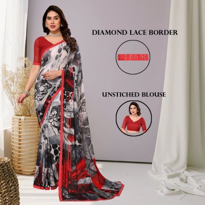 kashvi sarees Embellished, Ombre, Geometric Print Bollywood Georgette Saree(Grey, Red, Black)