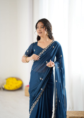 Dgdesigner Embroidered Saree with Attached Blouse Georgette Saree(Blue)