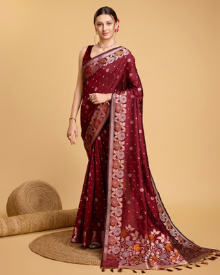 Yogik Creation Floral Print Banarasi Art Silk Saree(Maroon)
