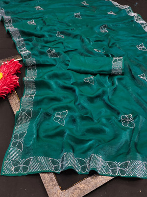 RIYA ENTERPRISE Embellished, Solid/Plain Bollywood Chiffon Saree(Green)