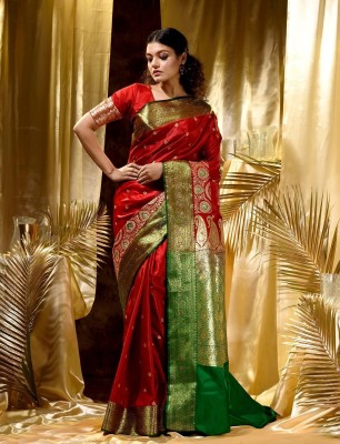 WOVEN STOCK Woven Banarasi Pure Silk, Art Silk Saree(Red, Green)