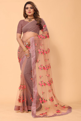 PATLANI STYLE Embroidered Bollywood Net Saree(Brown)