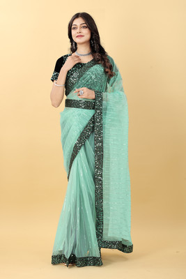 Embellished Bollywood Net Saree(Light Green)