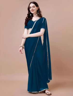 BK COLLECTION Solid/Plain Bollywood Georgette Saree(Dark Blue)
