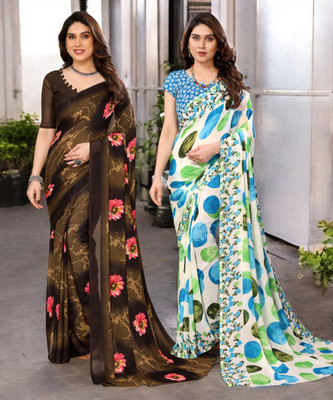 AMBUJAINTERNATIONAL Printed Bollywood Georgette Saree(Pack of 2, Multicolor)