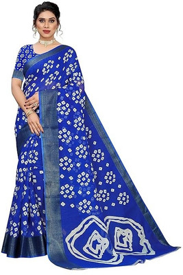 SVB Sarees Printed Bandhani Cotton Blend Saree(Light Blue)