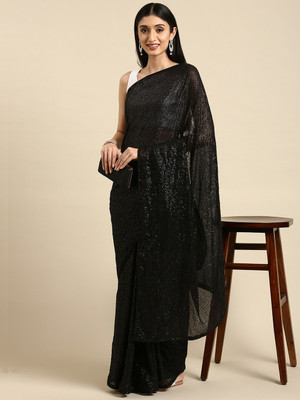 FAB WOVEN Embroidered Bollywood Georgette Saree(Black)