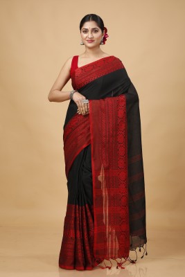 Oishani Saree Ghor Self Design Handloom Cotton Blend Saree(Black, Red)