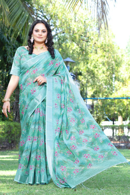 HouseOfCommon Floral Print Bollywood Cotton Linen Saree(Dark Green)