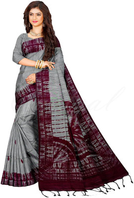 Quetzal Printed Sambalpuri Cotton Blend Saree(Grey)