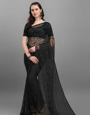 SwiftStyle Solid/Plain Daily Wear Net Saree(Black)