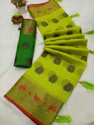 Soham Enterprise Self Design, Embellished, Paisley, Temple Border, Printed, Woven Kanjivaram Cotton Silk, Art Silk Saree(Green)
