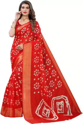 Grubstaker Printed Daily Wear Linen Saree(Red)