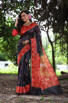 Tasrika Printed Banarasi Tussar Silk Saree(Black)
