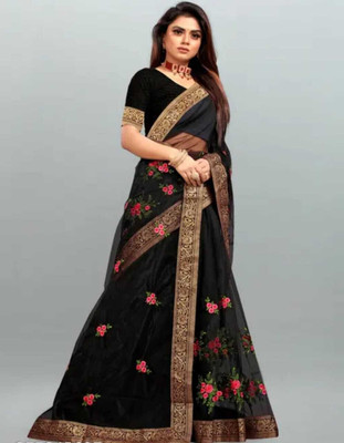 winsaree Embroidered Bollywood Net Saree(Black)