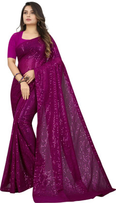 SHOBHTESH Striped, Digital Print, Embroidered Bollywood Georgette Saree(Purple)