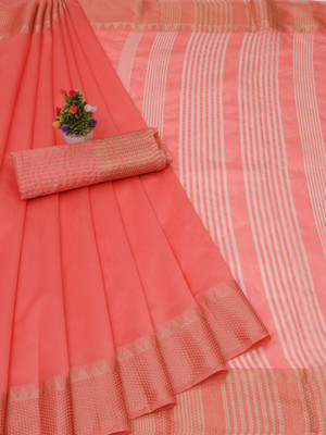 GOGAJI COLLECTION Temple Border, Woven Kanjivaram Cotton Silk, Chanderi Saree(Pink)