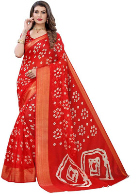 Saadhvi Printed Bandhani Cotton Blend Saree(Red)