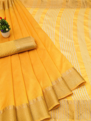 GOGAJI COLLECTION Temple Border, Woven Kanjivaram Cotton Silk, Chanderi Saree(Yellow)