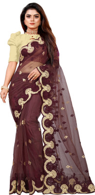 Barkiya Creation Embroidered Bollywood Net Saree(Brown)
