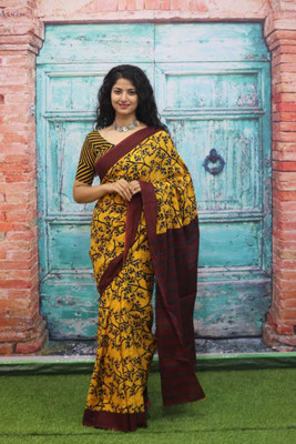 NIKHILAM Printed Daily Wear Pure Cotton Saree(Yellow, Brown)
