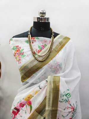 Gajal Printed Kanjivaram Linen, Cotton Linen Saree(White)