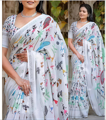 VCREATION Digital Print Bollywood Cotton Linen Saree(White)