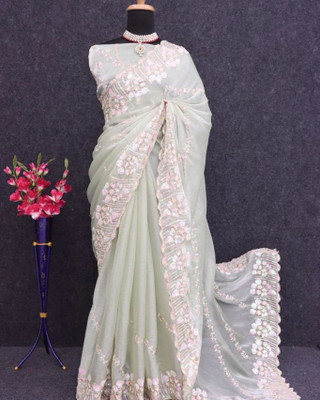 Grinovi Embellished, Embroidered Bollywood Pure Silk, Organza Saree(Light Green)